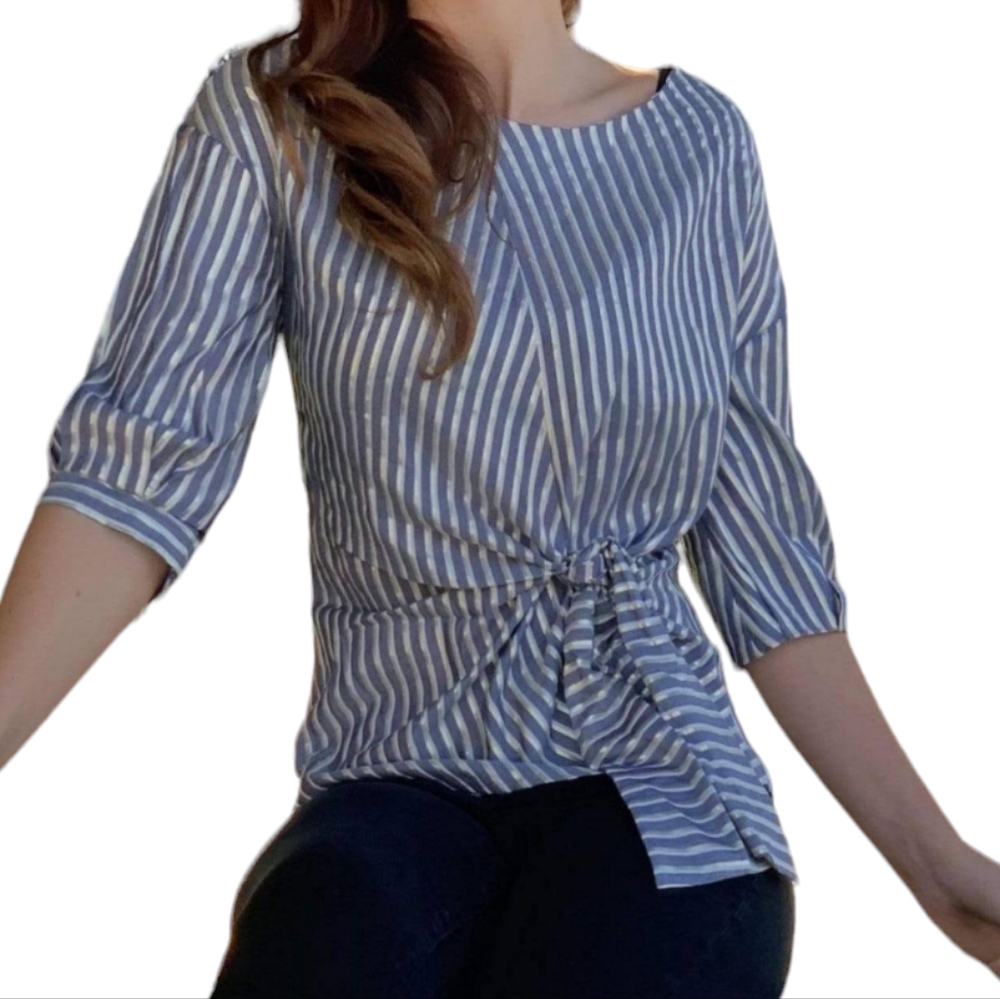 Eva Franco Women's Size 4 Blue White Gold Lurex Striped Tie Front Blouse